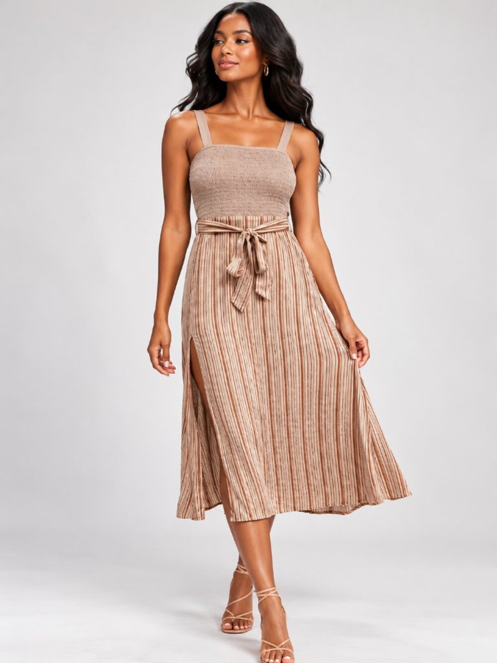 CUPSHE Cataleya Striped Smocked A-Line Midi Dress Wide Strap S NWT